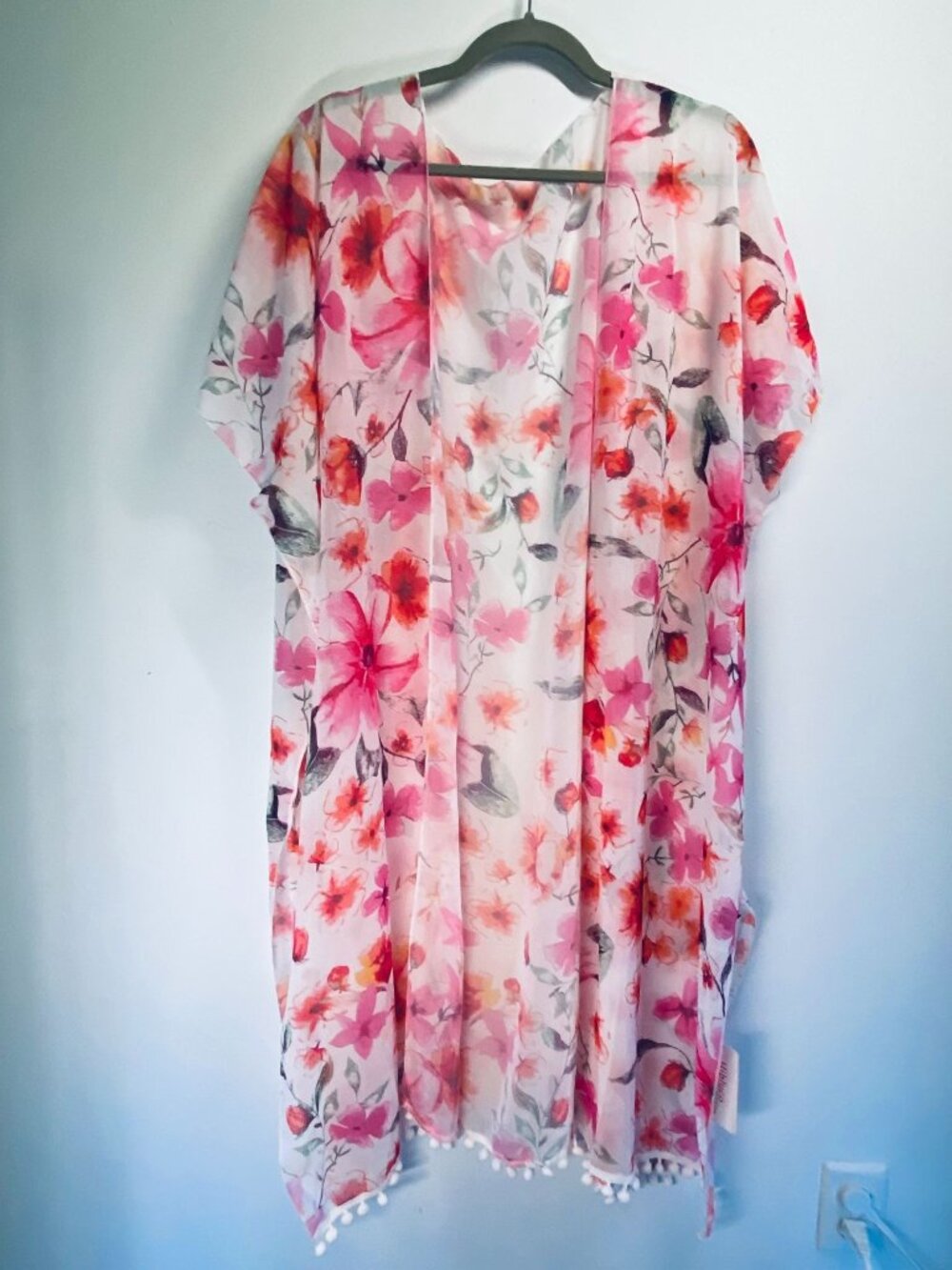 Floral Sheer Kimono With Pom Pom Trim Lightweight Cover-Up For Swimwear Or Layer